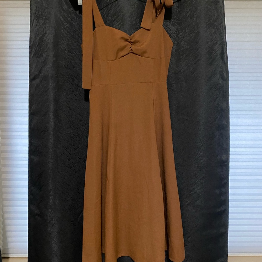 Brown Tie Strap Dress with Fitted Waist and Flare Skirt